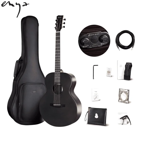 Enya EAX1Pro Transacoustic Solid Top Guitar(BK) with 15mm Padded Bag, Capo, String, Strap, Cable