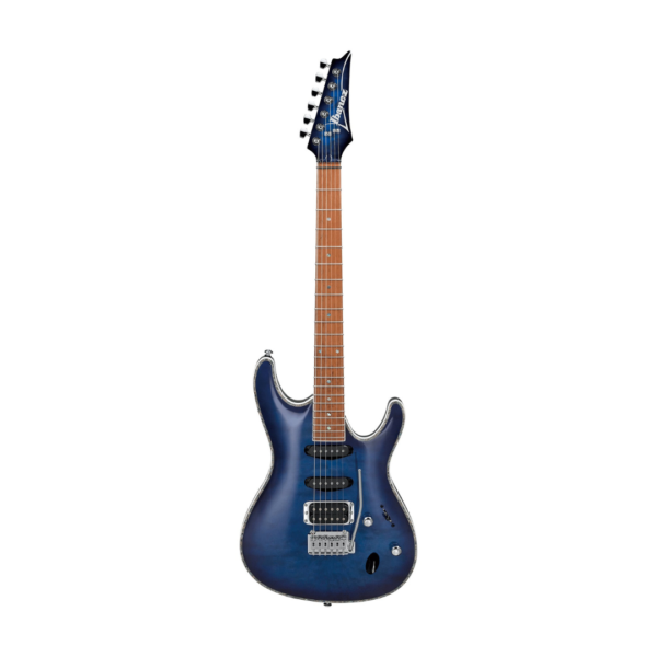 Body: Okoume wood with quilted maple top Neck: Slim SA maple neck (bolt‑on) Fretboard: Jatoba with abalone dot inlays Frets: 22 medium frets Scale Length: 25.5″ (648 mm) Pickup Configuration: HSS (Humbucker in bridge, Single‑coils in middle & neck) Bridge: T102 tremolo Controls: 1 volume, 1 tone, 5‑way pickup switch Strings (factory): D’Addario EXL120 (.009–.042) Hardware Finish: Chrome Ibanez SA360NQM in Sapphire Burst